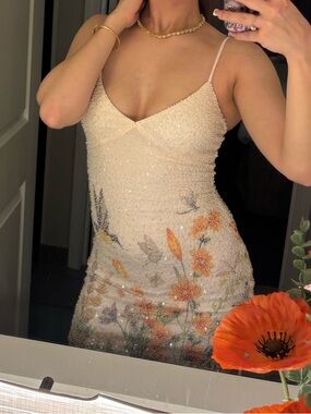 White Beaded Spaghetti Strap Dress with Floral Embroidery